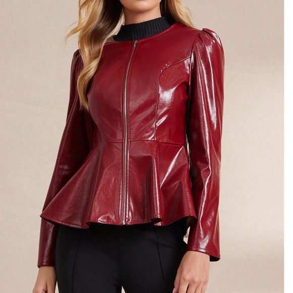 Classic Vegan Leather Zip up Puff Sleeve Flared Hem Jacket - Picture 10 of 10